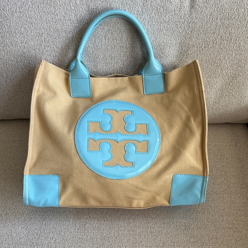 Tory Burch Ella XL Tan and Blue Canvas Tote